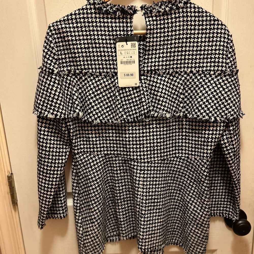 Zara Navy & Cream Fringed Houndstooth Pullover Knitted Shirt Sz L NWT! - Picture 8 of 16